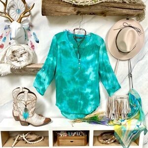 Tie dye AQUA Oceanus boho breezy tunic blouse/bikini cover up w vacay beach vibe